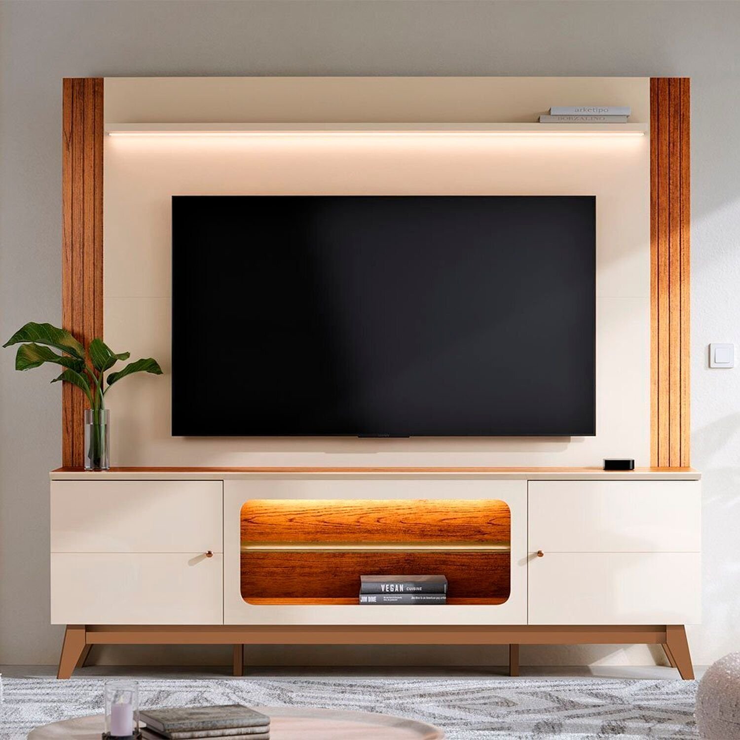 Estante Home Para Tv 75 Polegadas 198cm Maceió Off White / Canela