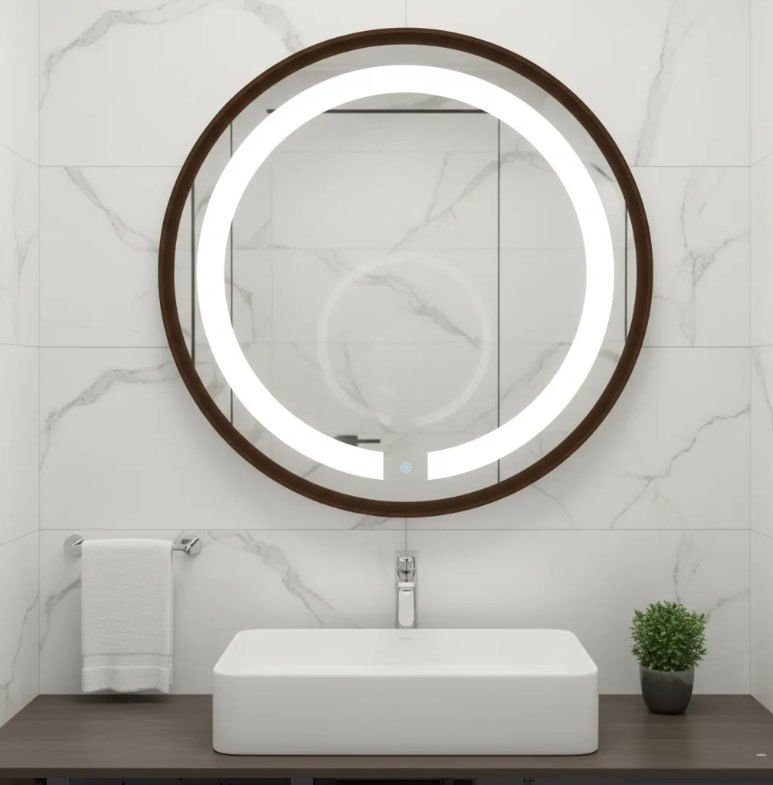 Espelho Redondo Iluminado 40cm Touch 2 Leds Basic Reduna Marrom