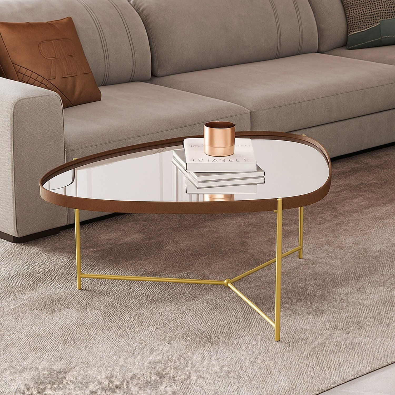 Mesa De Centro Com Borda Em Couro Sintético Espelho E Pés Em Ferro Alamanda Castanho/dourado