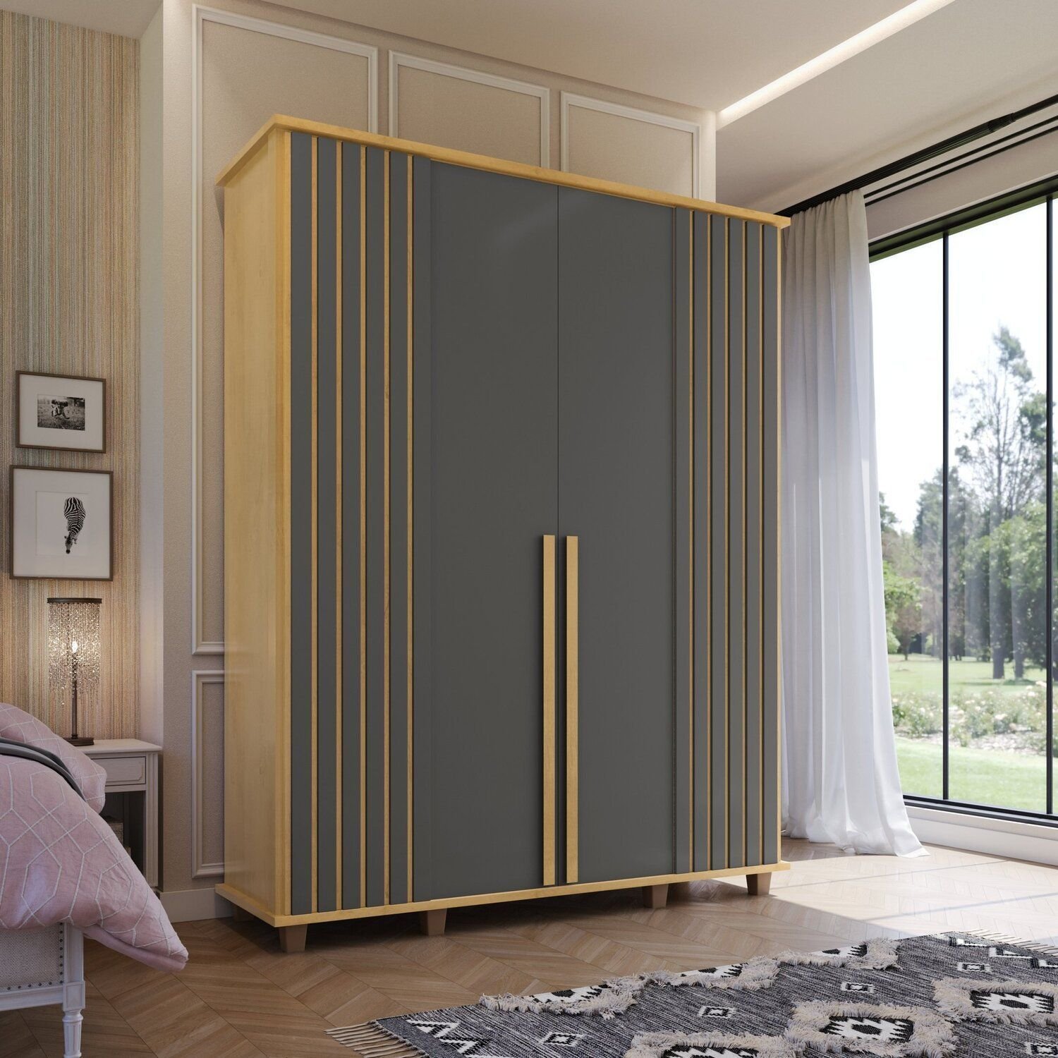 Guarda-roupa Casal 4 Portas Com Detalhe Ripado E 3 Gavetas Internas Com 8 Pés Holanda Cinamomo / Grafite