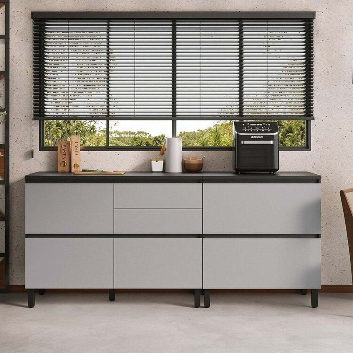 Conjunto Balcões 2 Peças 2 Portas 6 Gavetas Mdf Dodradiça Slow Motion Lúmina Itatiaia Grafite/fendi Grafite/cinza