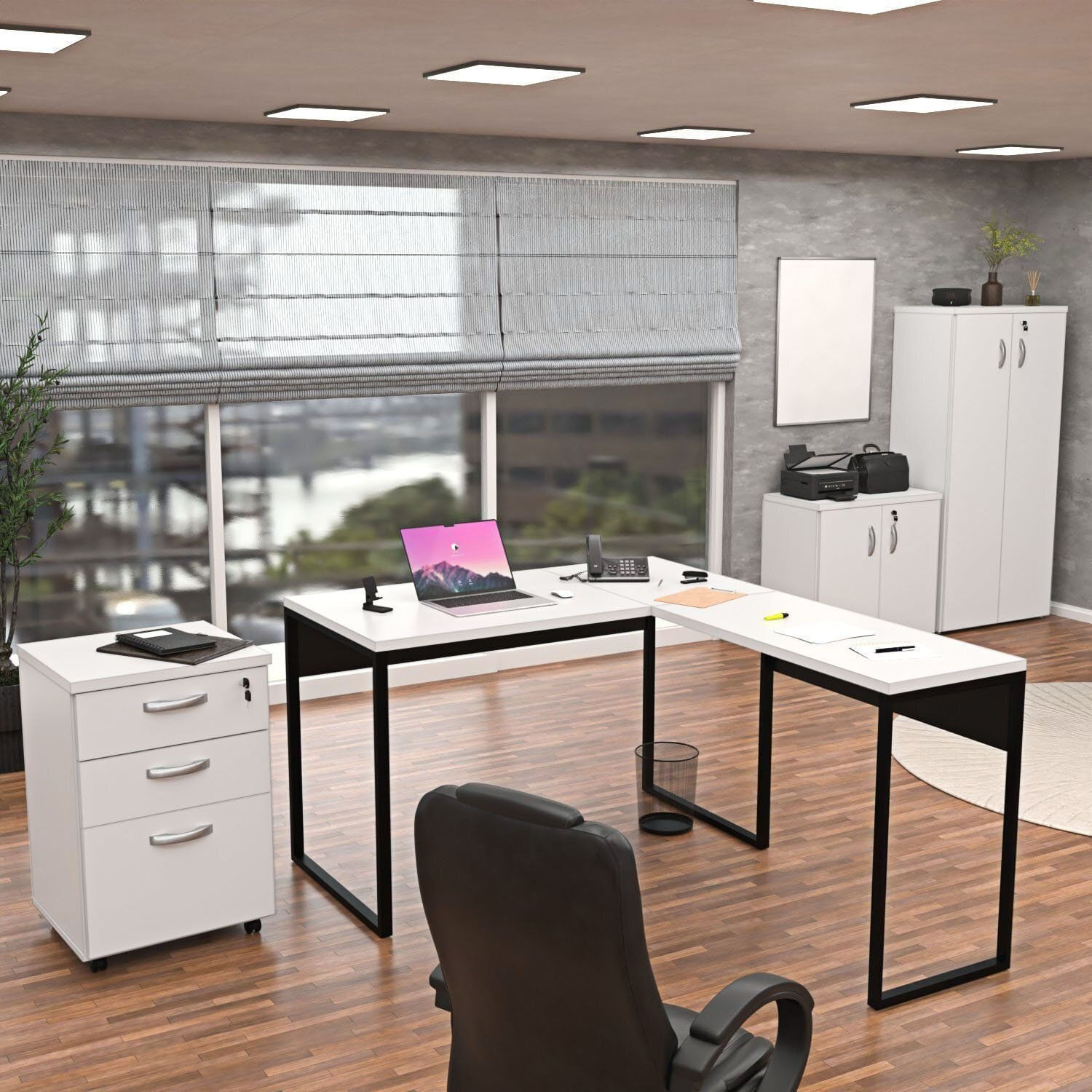 Kit 4 Peças Para Escritório Com Escrivaninha Em L, Armário Alto E Baixo E Gaveteiro