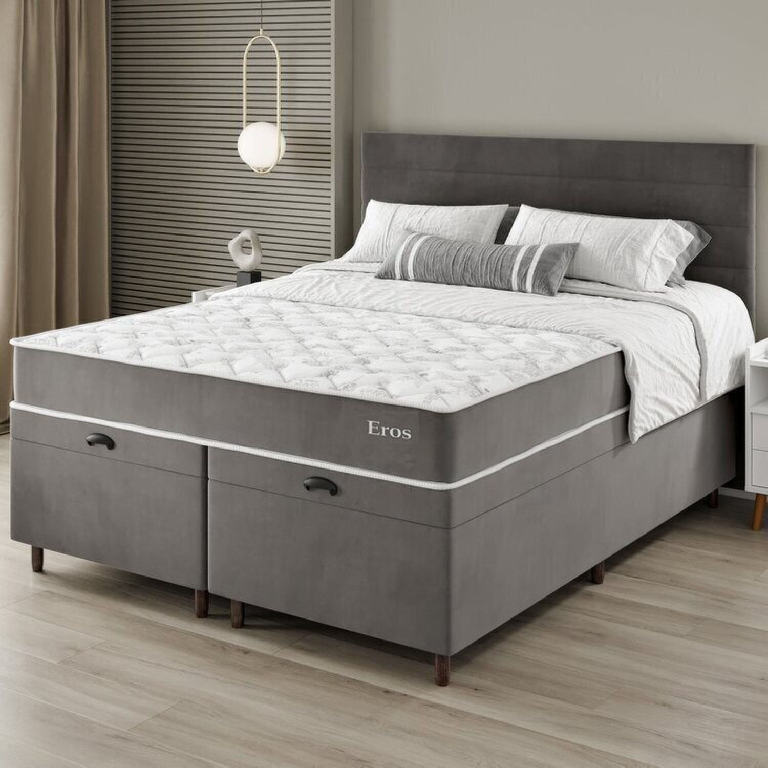 Conjunto Colchão Mola Ensacada E Base Box Baú Queen 65x158cm Eros Yescasa Cinza