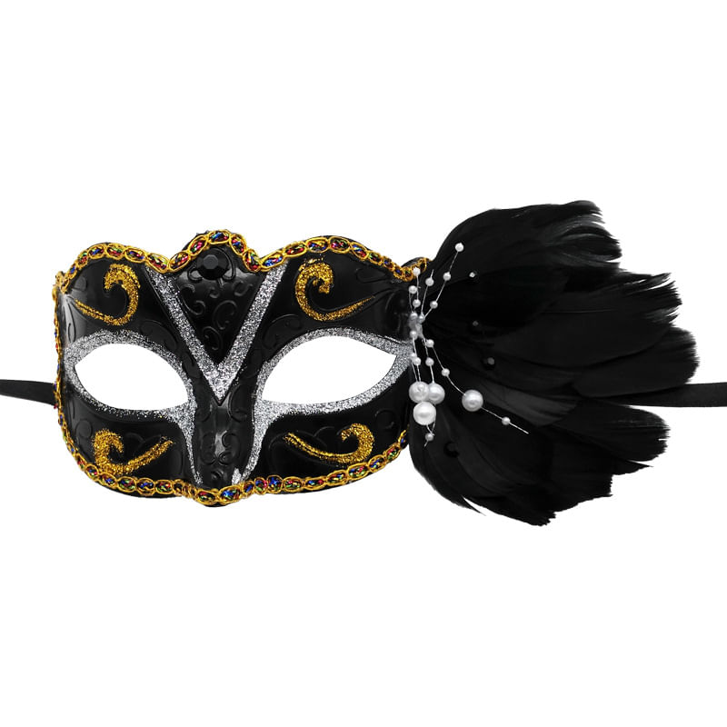 Máscara De Plástico De Meia Face Preta Com Penas Para Festa De Halloween