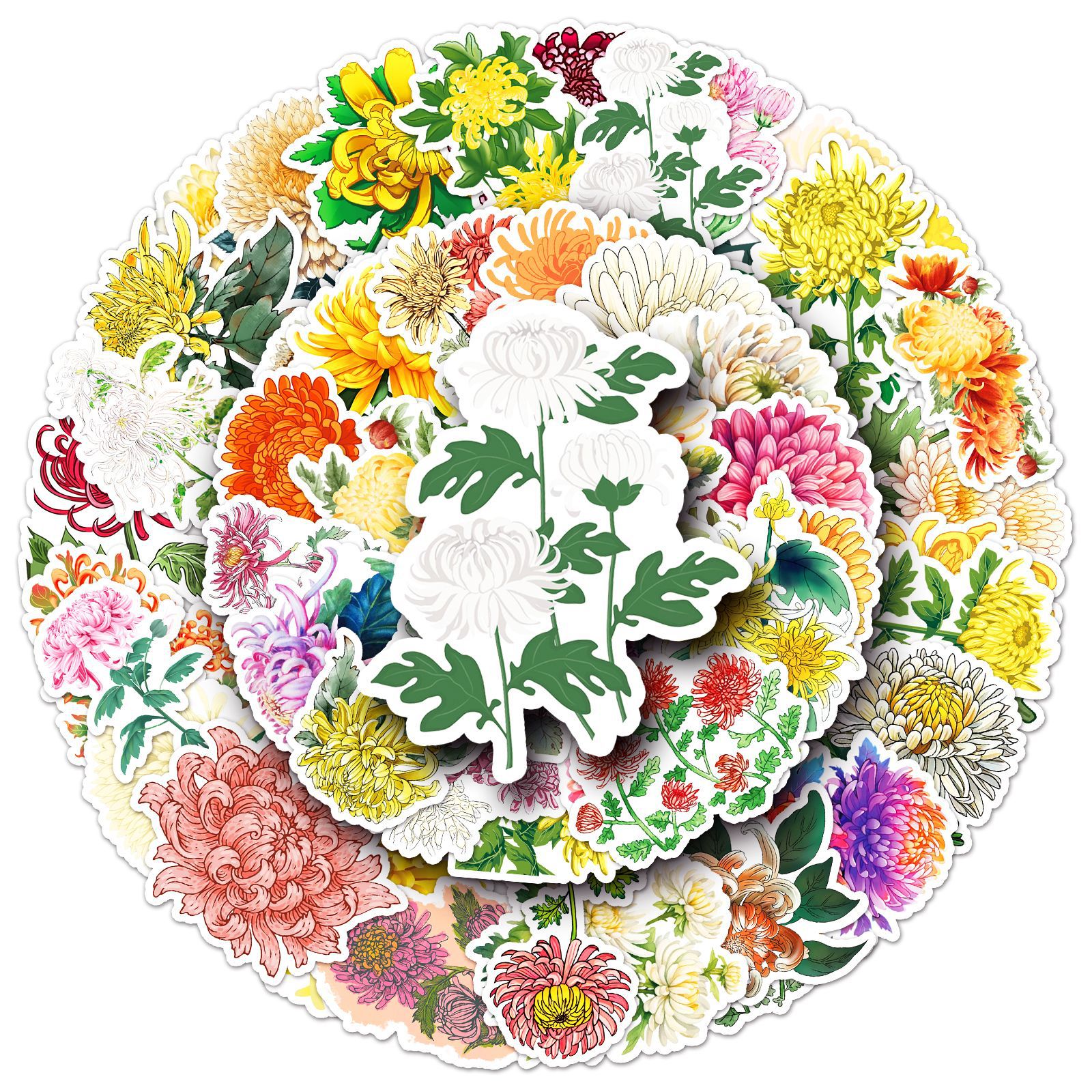 Adesivos, Flores De Crisântemo, Vinil Impermeável, 50 Unidades