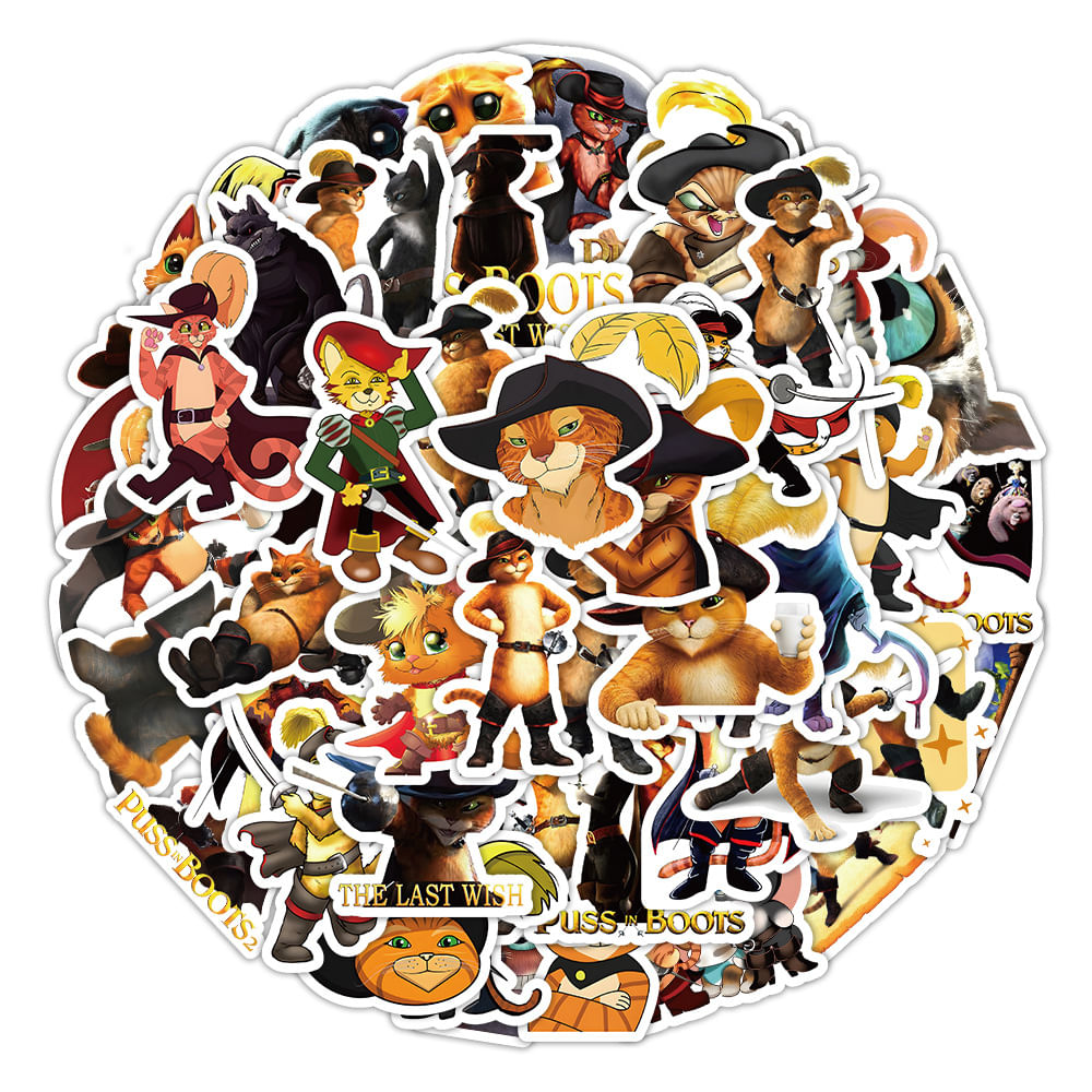Adesivos Puss In Boots, Anime, Vinil Impermeável, 50 Unidades