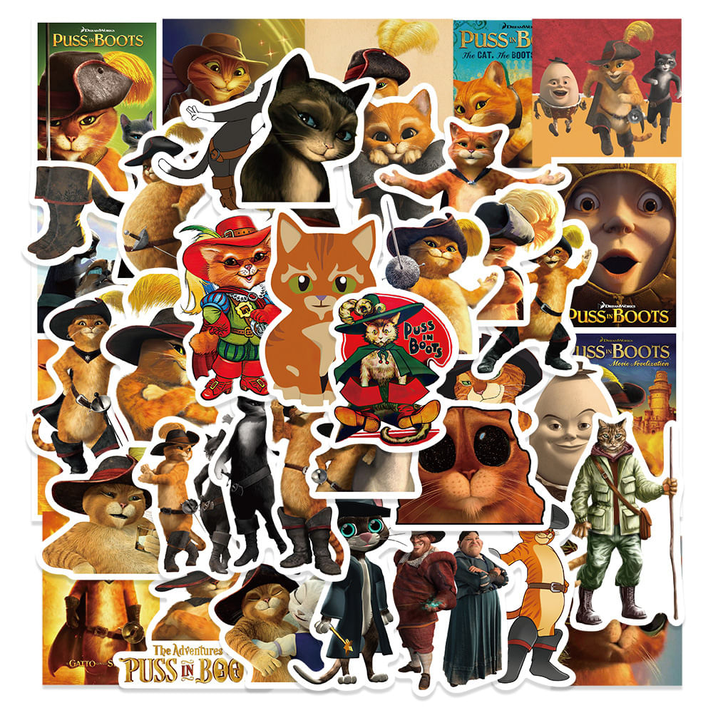 Adesivos Puss In Boots Em Vinil Impermeável 52 Unidades Para Laptop