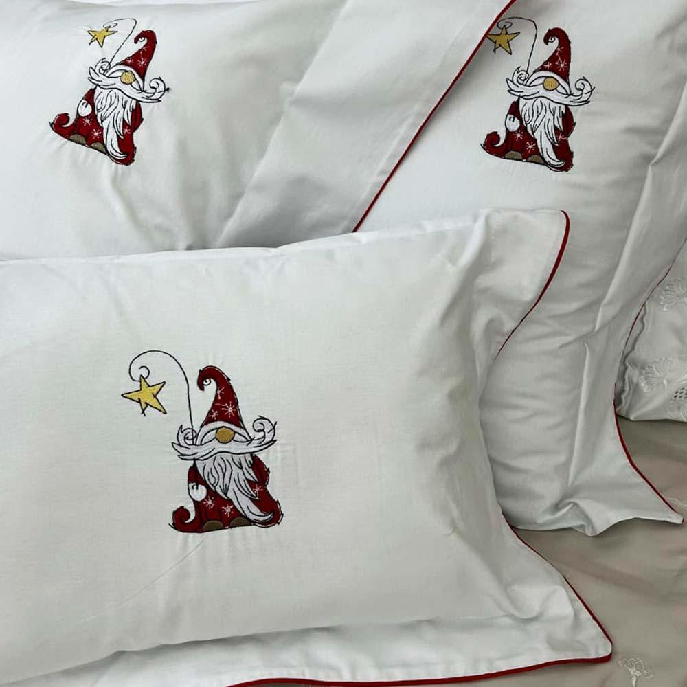 Kit Fronha 50x70cm Com Almofada 200 Fios Natal Papai Noel 3 Peças - Marken Fassi Branco/vermelho