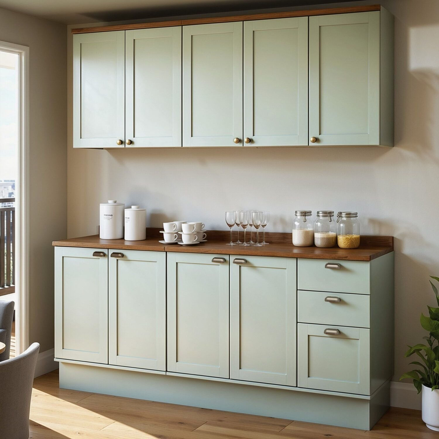 Cozinha Modulada 4 Peças Com 2 Aéreos E 2 Balcões 100% Mdf Portas Americanas Provençal Iluminata Verde Mint/ébano Fosco