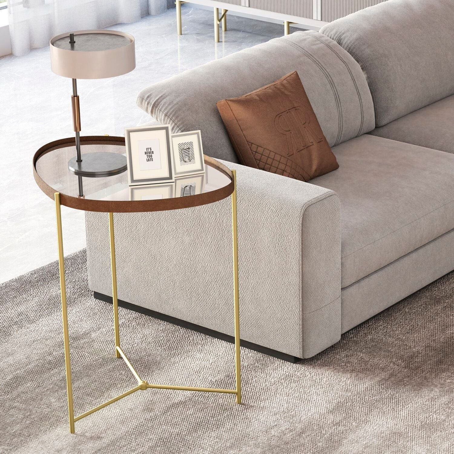 Mesa Lateral Com Borda Em Couro Sintético Com Espelho E Pés Em Ferro Castanho/dourado