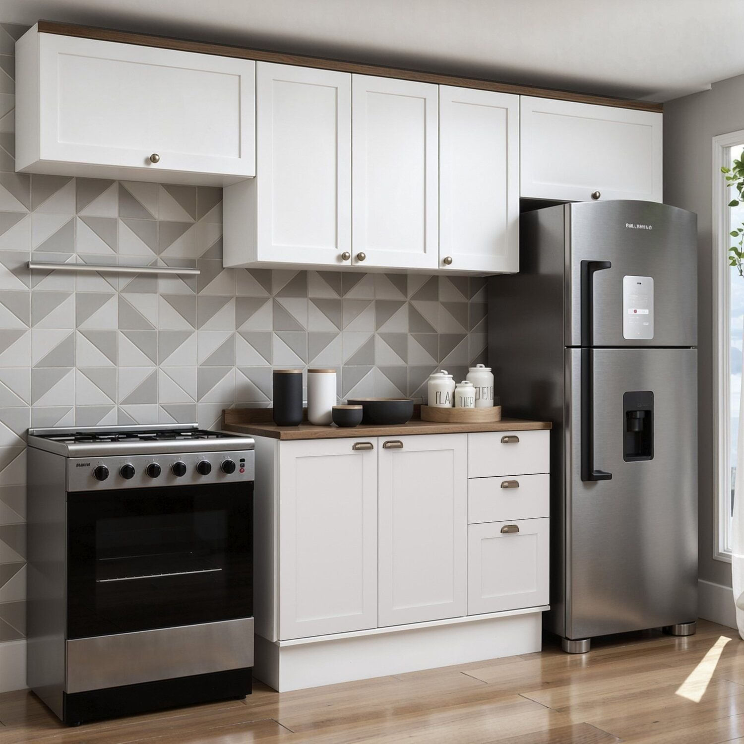 Cozinha Modulada 4 Peças 100% Mdf Americana Com Tampo E Rodapé Iluminata Branco/ébano