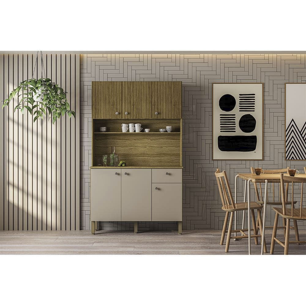 Cozinha Compacta Kits Paraná Style 6 Portas 1 Gaveta Ripado Freijó Puxador Inox Pés Reguláveis