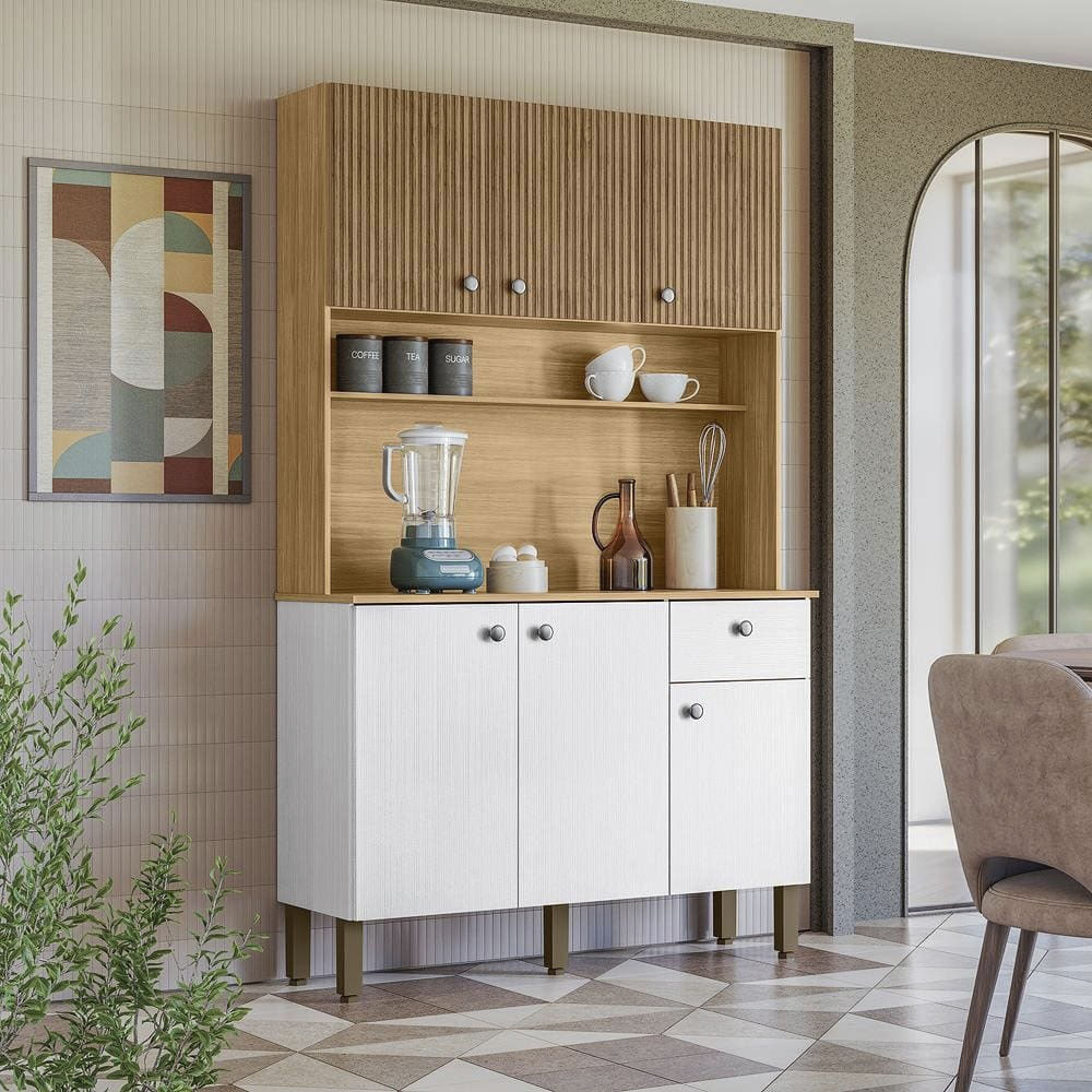 Cozinha Compacta Kits Paraná Style 6 Portas 1 Gaveta Ripado Freijó Puxador Inox Pés Reguláveis