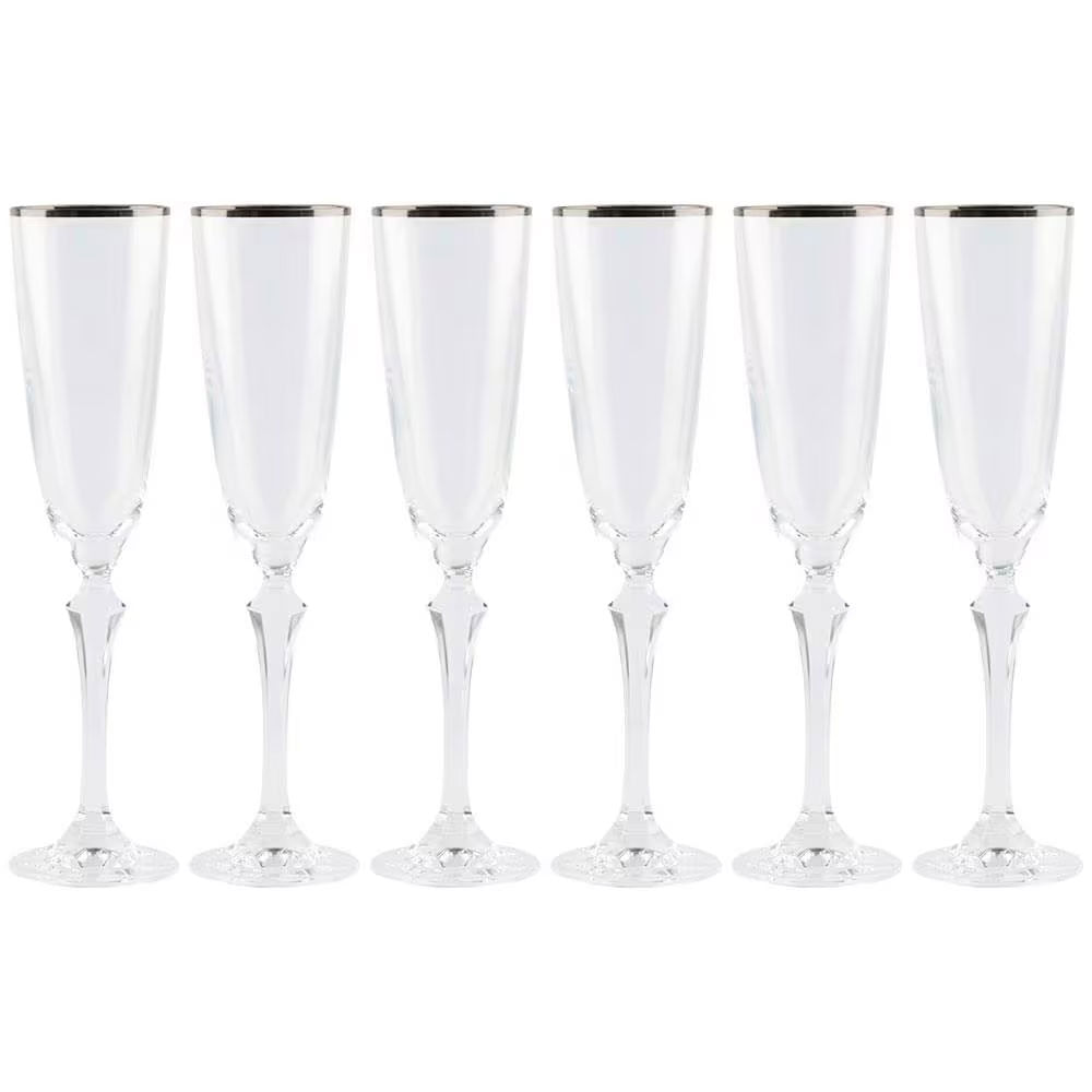 Conjunto De Taças Para Champanhe Elizabeth Em Cristal Ecológico Silver Rim 200 Ml 6 Peças Bohemia