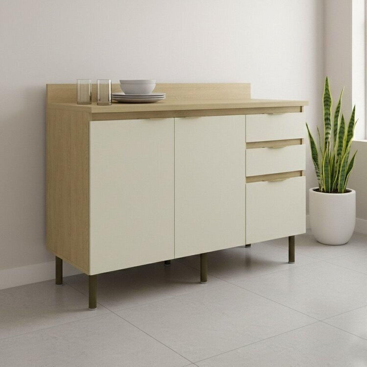 Balcões 120 Com 2 Portas E 3 Gavetas E Tampo Nature