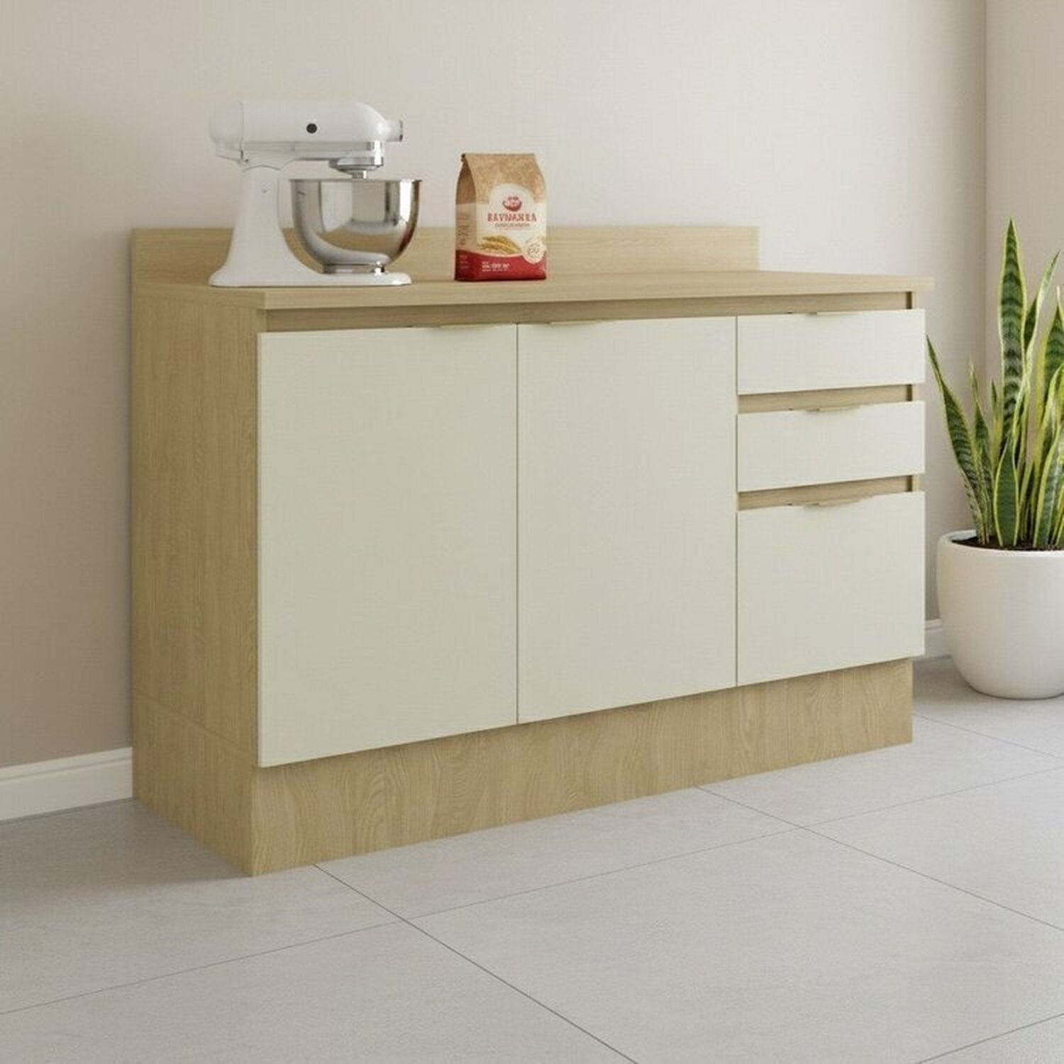 Balcões 120 Com 2 Portas E 3 Gavetas Tampo E Rodapé Nature