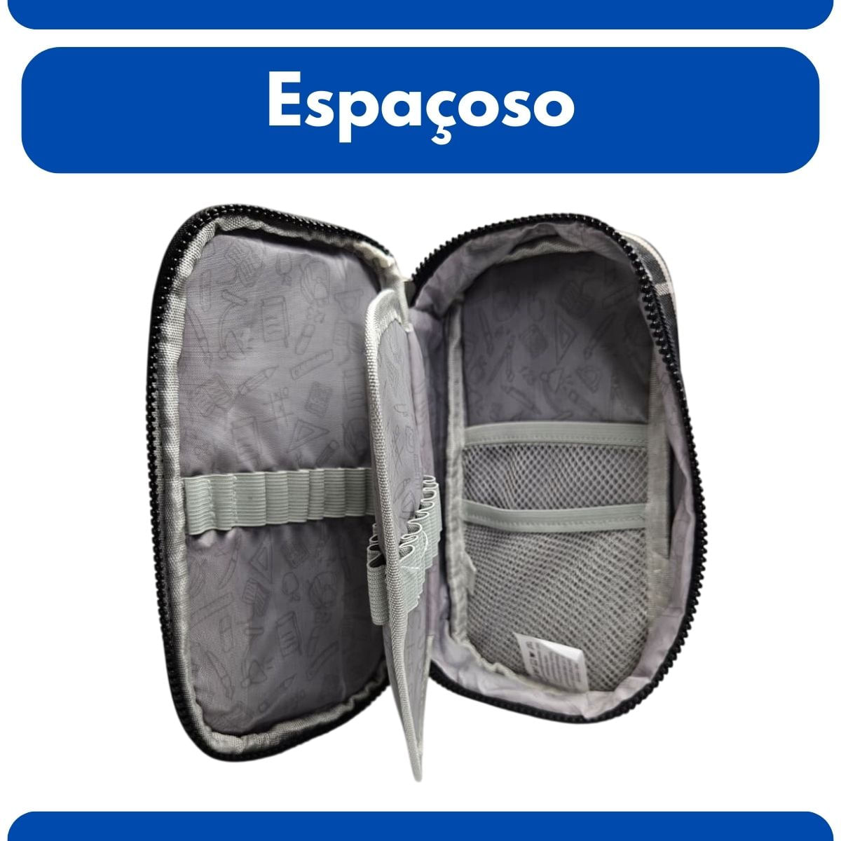 Estojo Box Grande Escolar Xadrez Preto Com Pompom Alça Organizador ...