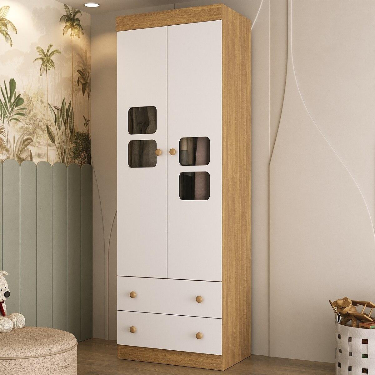 Guarda-roupa Infantil 62cm 2 Portas Com Vidro E 2 Gavetas Brisa Multimóveis Mp4424 Madeirado/branco