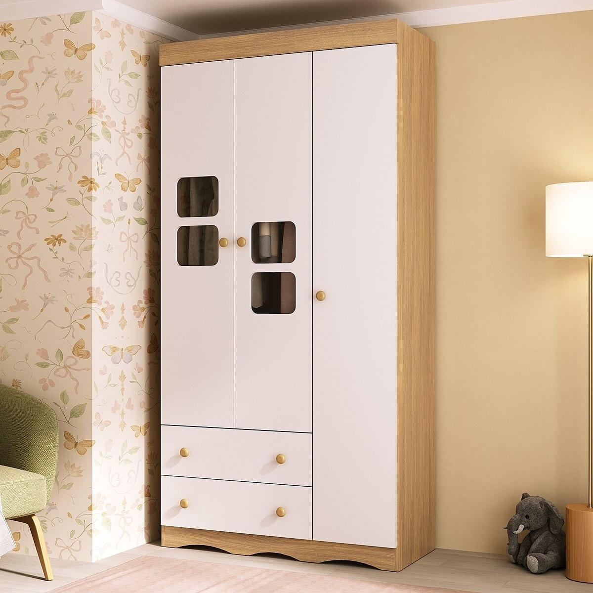 Guarda-roupa Infantil 92cm Com Vidro 3 Portas E 2 Gavetas Serena Multimóveis Mp4431 Madeirado/branco