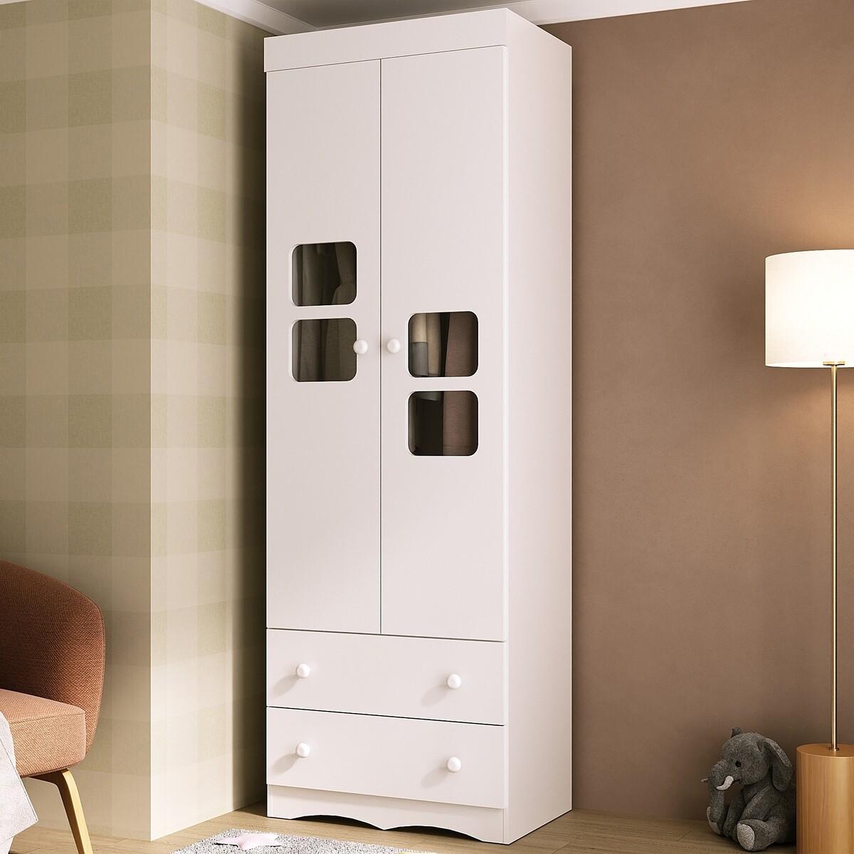 Guarda-roupa Infantil 62cm 2 Portas Com Vidro E 2 Gavetas Serena Multimóveis Mp4430 Branco