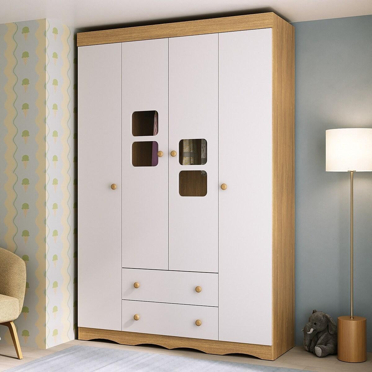 Guarda-roupa Infantil 122cm Com Vidro 4 Portas E 2 Gavetas Serena Multimóveis Mp4432 Madeirado/branco