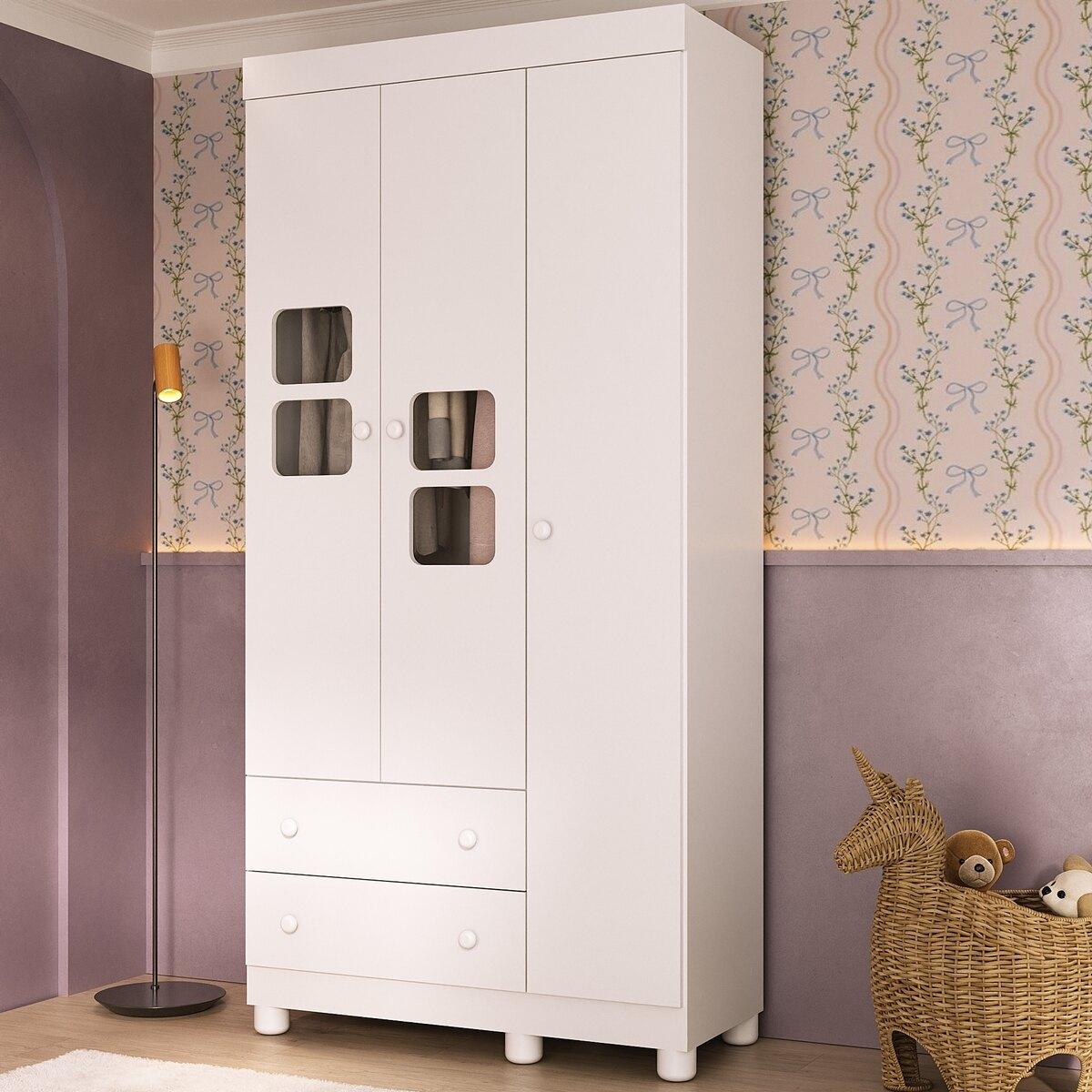 Guarda-roupa Infantil 92cm Com Vidro 3 Portas E 2 Gavetas Sol Multimóveis Mp4419 Branco