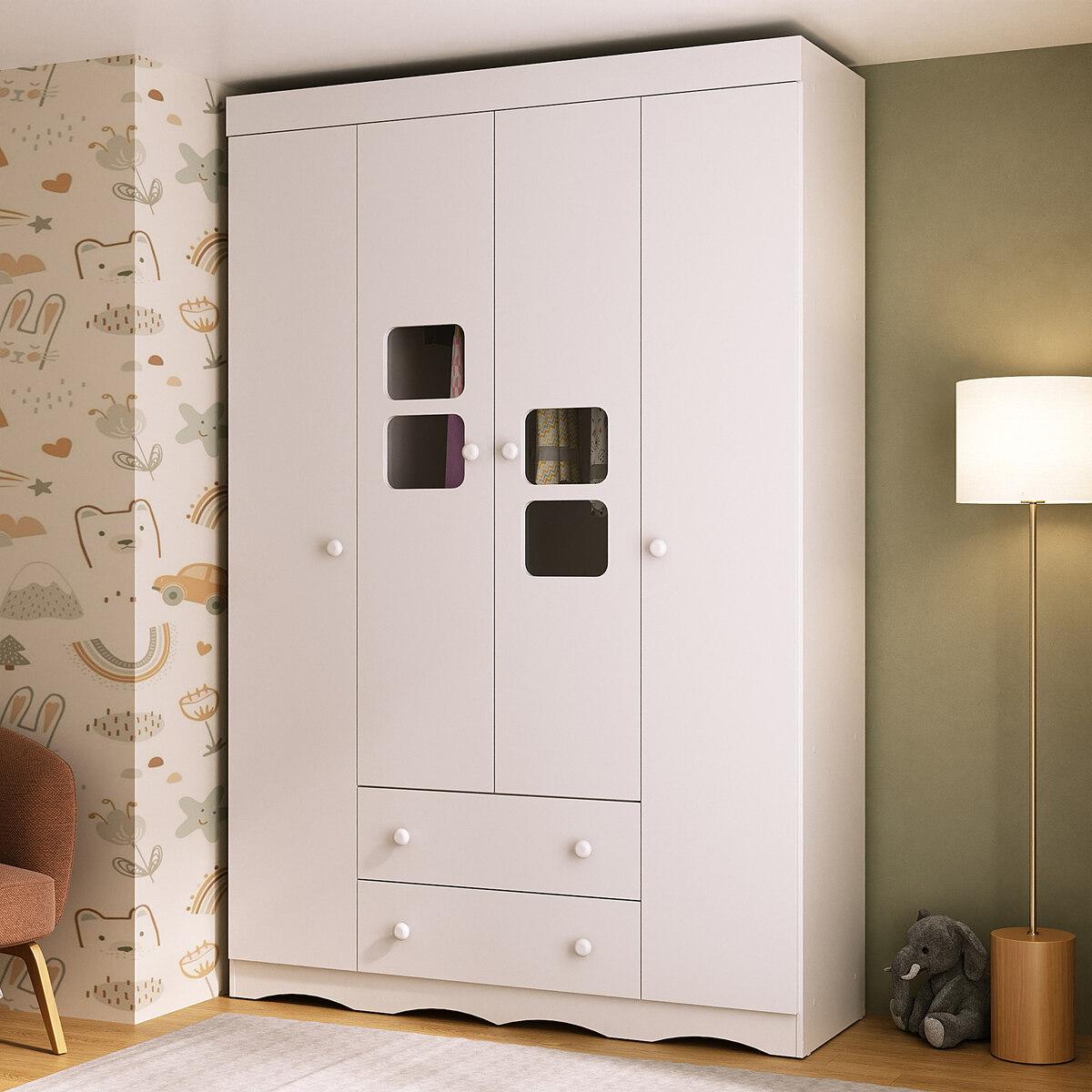 Guarda-roupa Infantil 122cm Com Vidro 4 Portas E 2 Gavetas Serena Multimóveis Mp4432 Branco