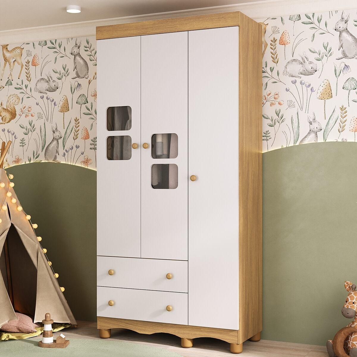 Guarda-roupa Infantil 92cm Com Vidro 3 Portas E 2 Gavetas Luna Multimóveis Mp4412 Madeirado/branco