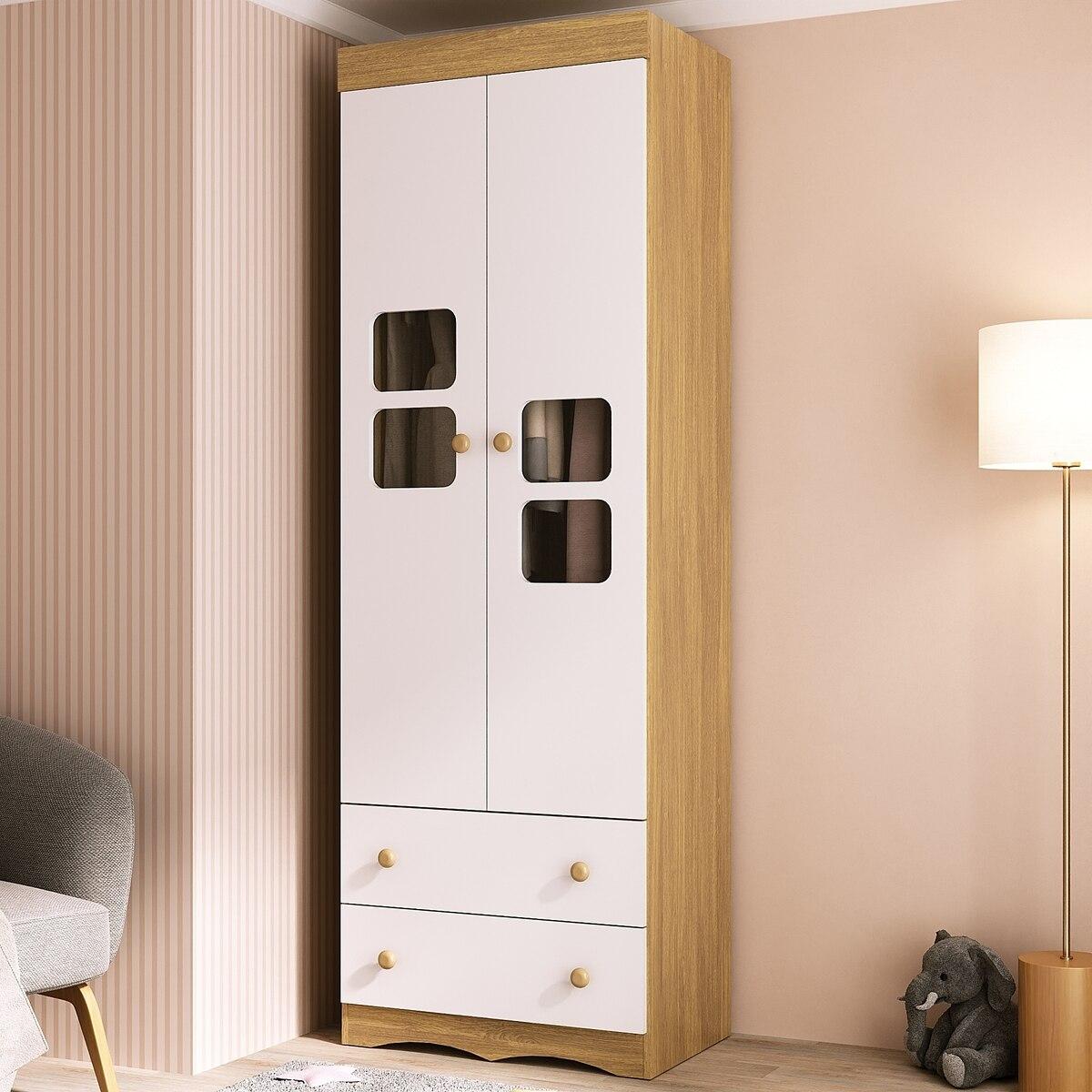 Guarda-roupa Infantil 62cm 2 Portas Com Vidro E 2 Gavetas Serena Multimóveis Mp4430 Madeirado/branco
