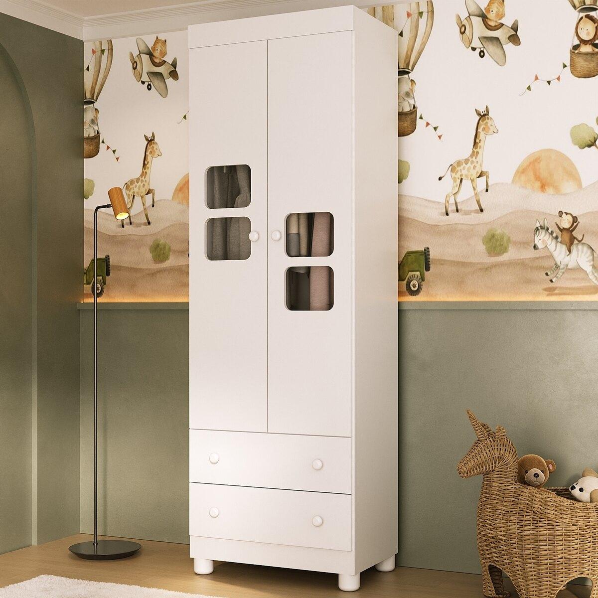 Guarda-roupa Infantil 62cm 2 Portas Com Vidro E 2 Gavetas Sol Multimóveis Mp4418 Branco
