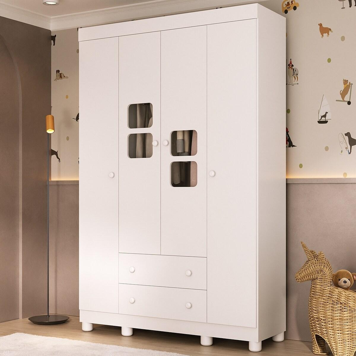 Guarda-roupa Infantil 122cm Com Vidro 4 Portas E 2 Gavetas Sol Multimóveis Mp4420 Branco