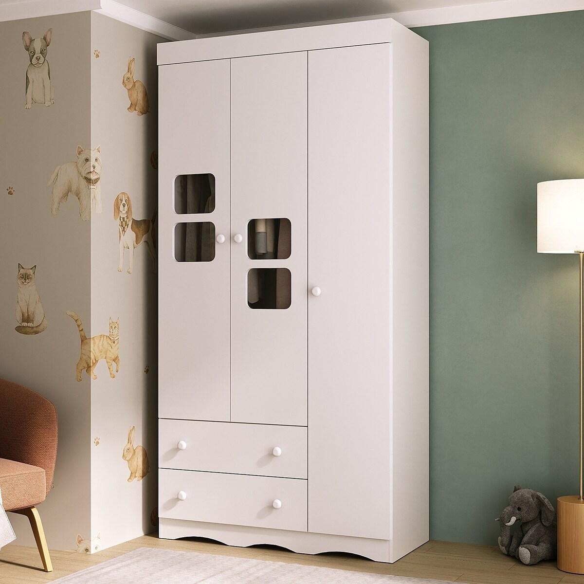 Guarda-roupa Infantil 92cm Com Vidro 3 Portas E 2 Gavetas Serena Multimóveis Mp4431 Branco