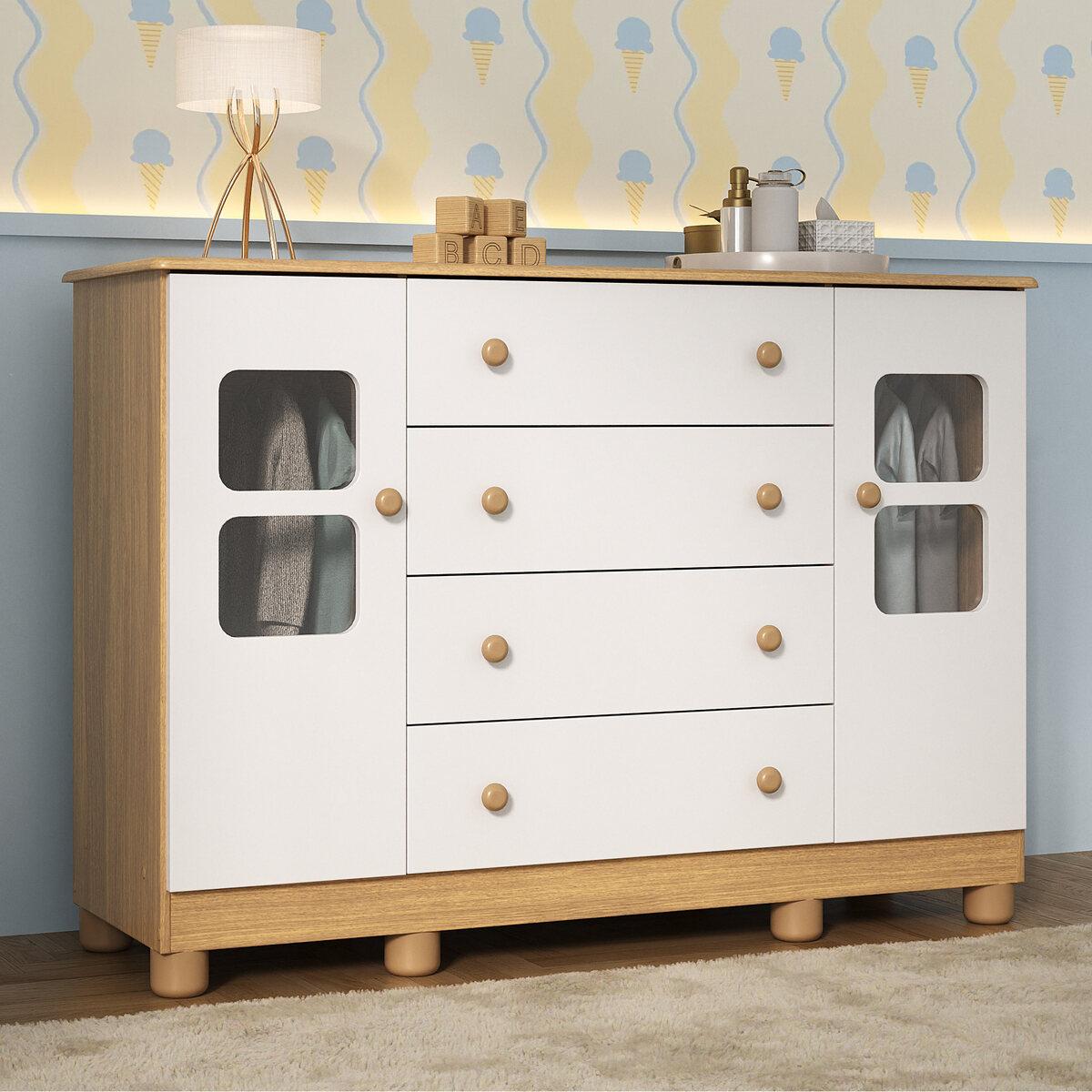 Cômoda Infantil 125cm 2 Portas Com Vidro E 4 Gavetas Sol Multimóveis Mp4423 Madeirado/branco