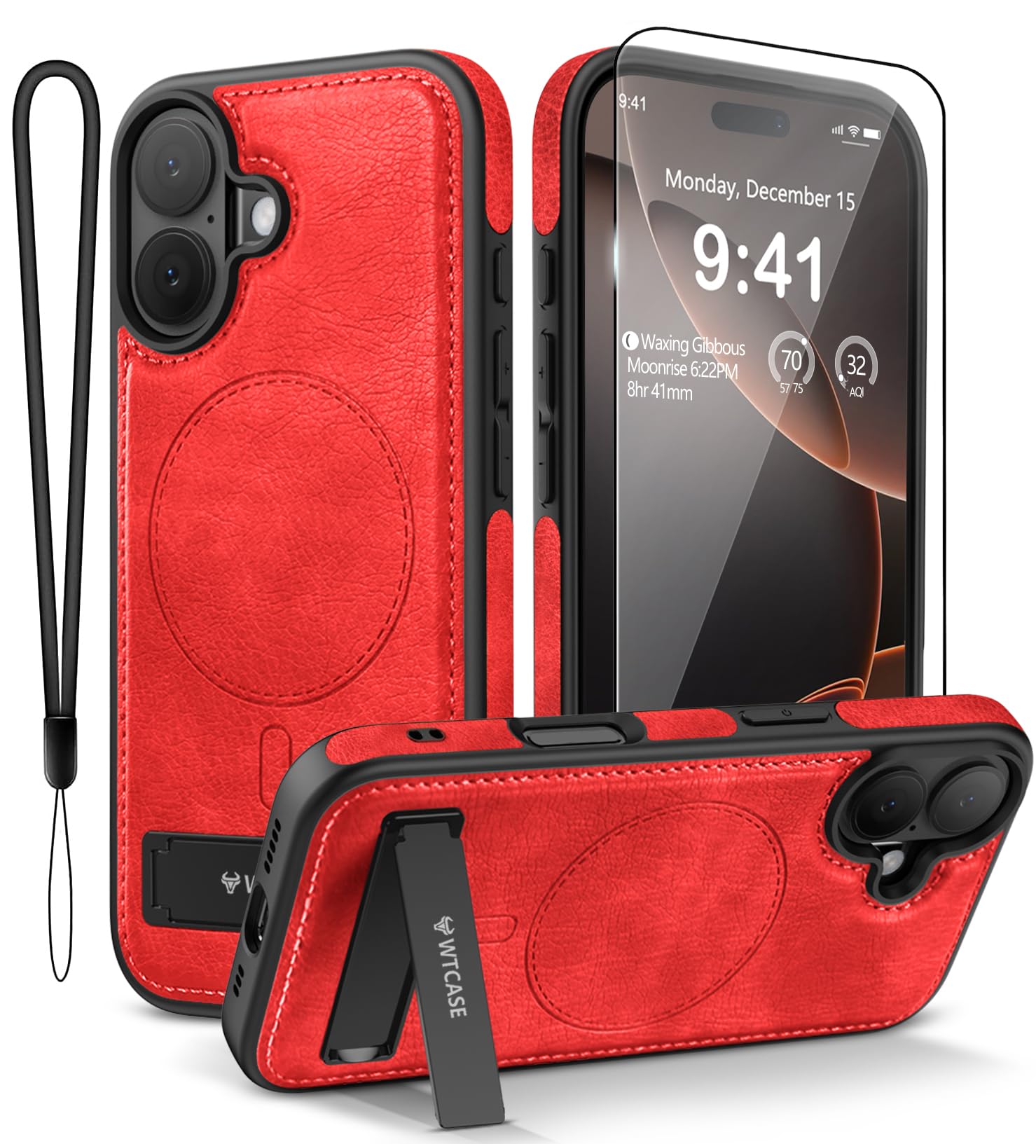 Capa De Telefone Wtcase De Couro Magnético Com Suporte Para Iphone 17 Vermelha