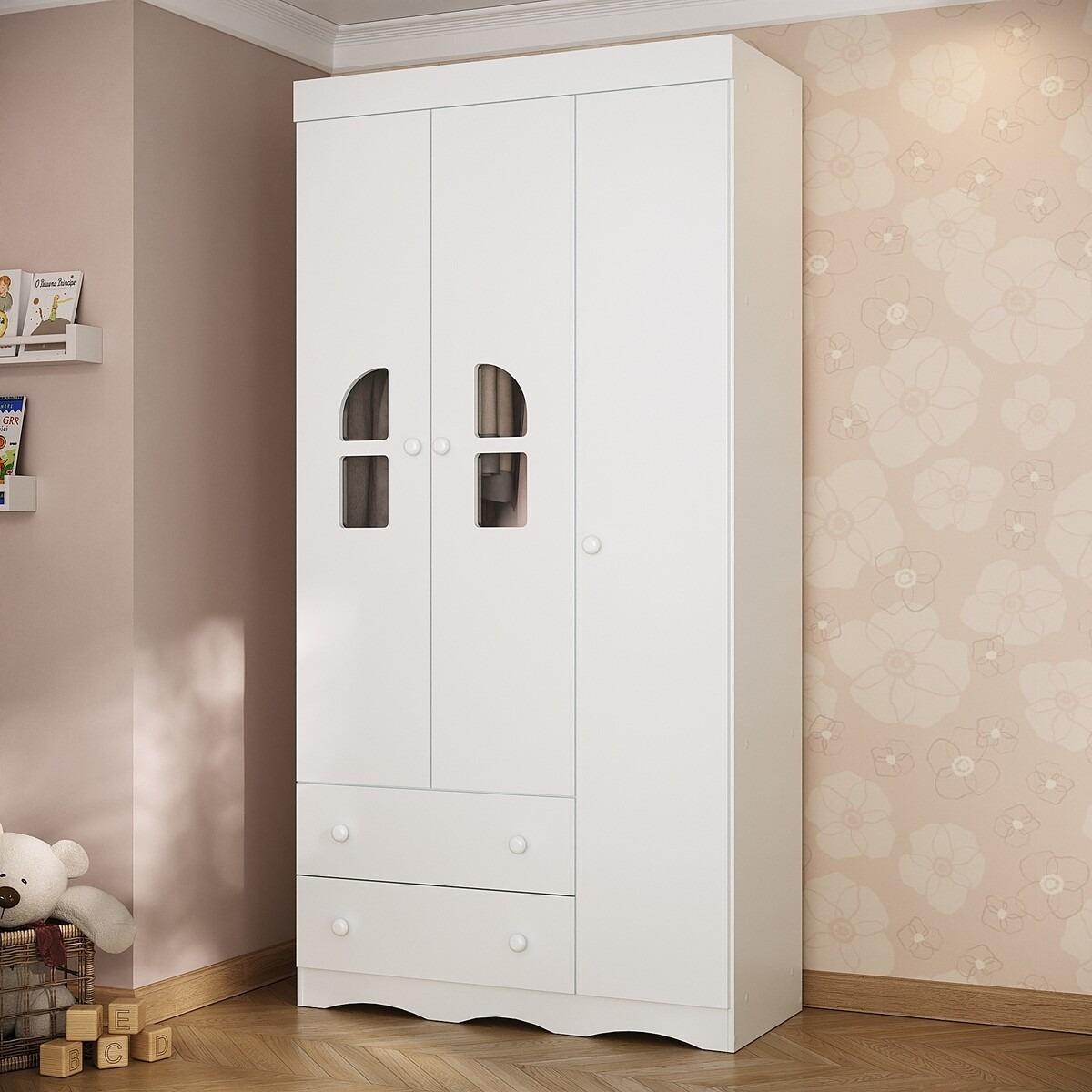 Guarda-Roupa Infantil 92cm Com Vidro 3 Portas E 2 Gavetas Liz Multimóveis Mp4513 Branco