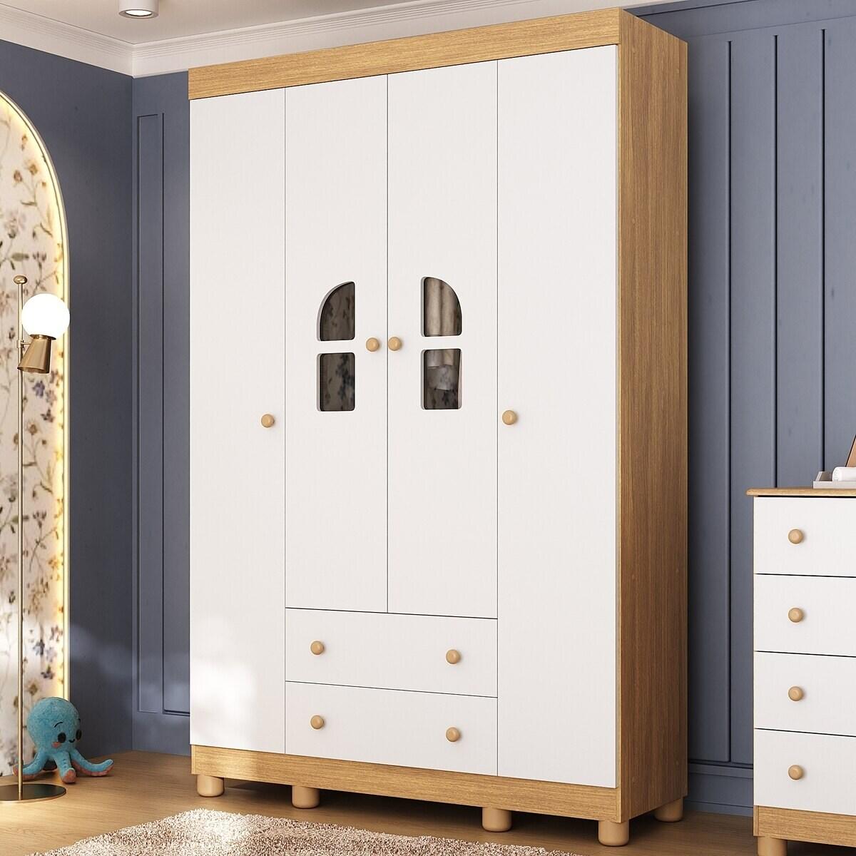 Guarda-Roupa Infantil 122cm Com Vidro 4 Portas E 2 Gavetas Nina Multimóveis Mp4504 Madeirado/Branco