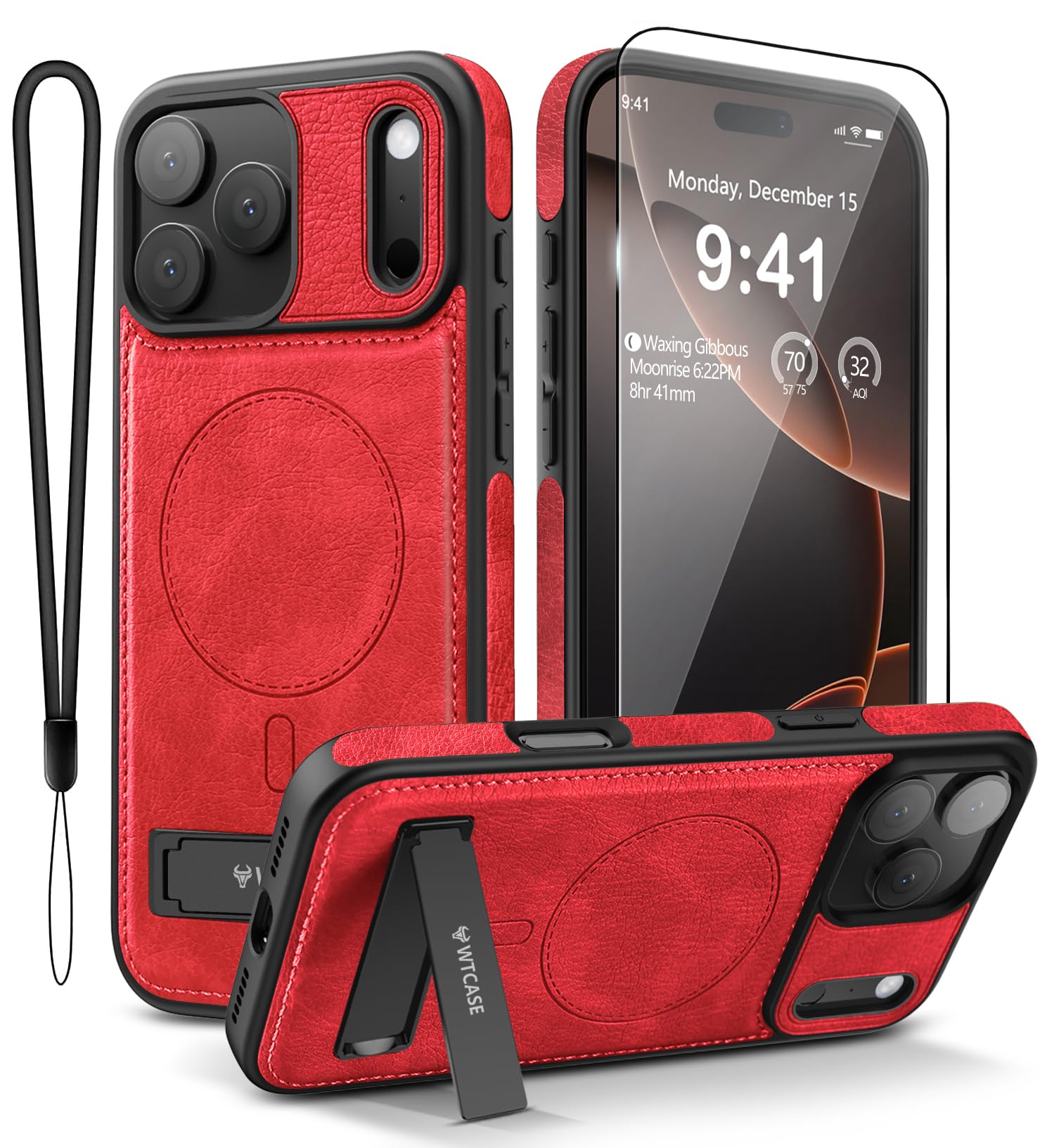 Capa De Couro Wtcase Para Iphone 17 Pro Max Com Suporte Vermelha