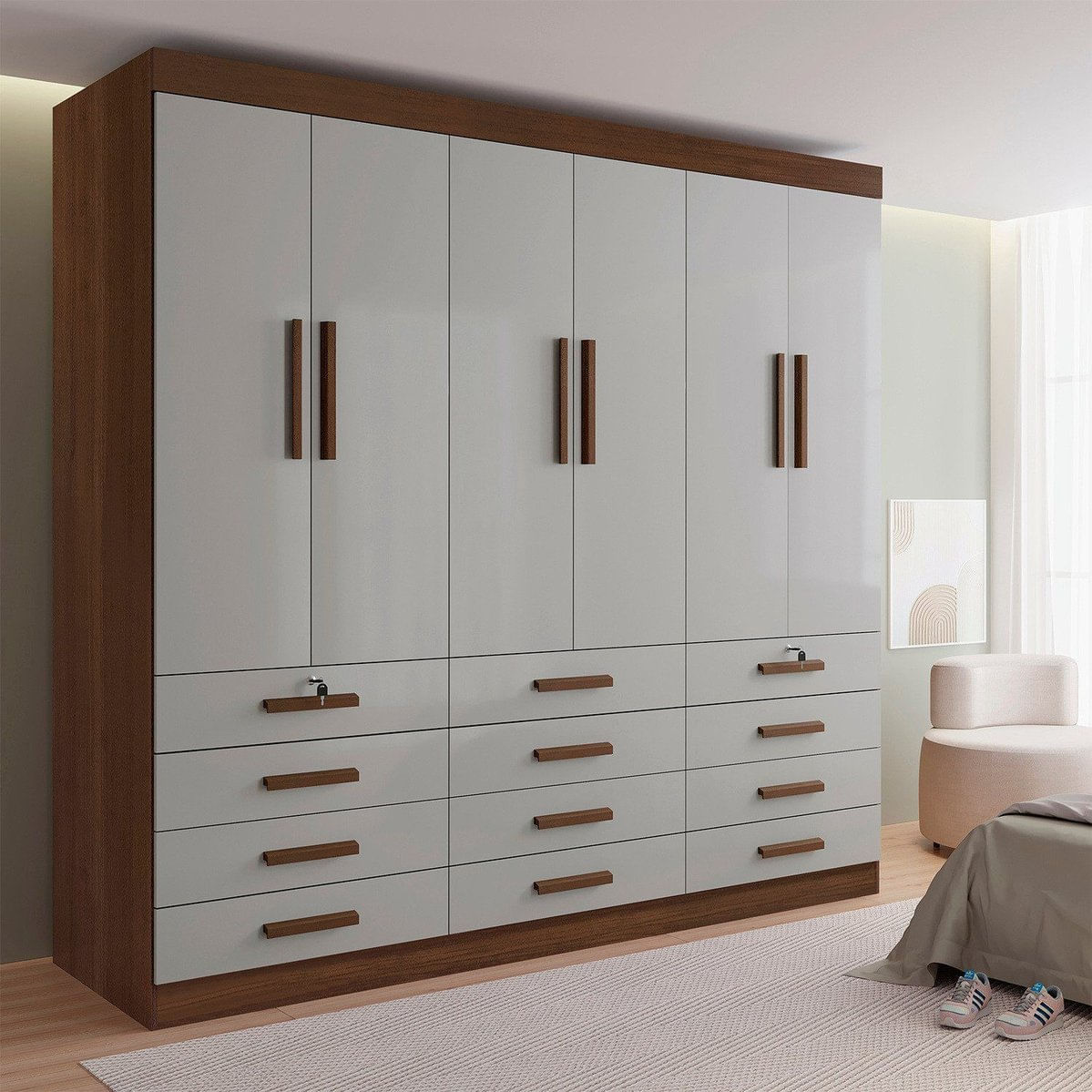 Guarda-Roupa Casal Mdf 6 Portas 12 Gavetas Marselha Plus Castanho/Off White