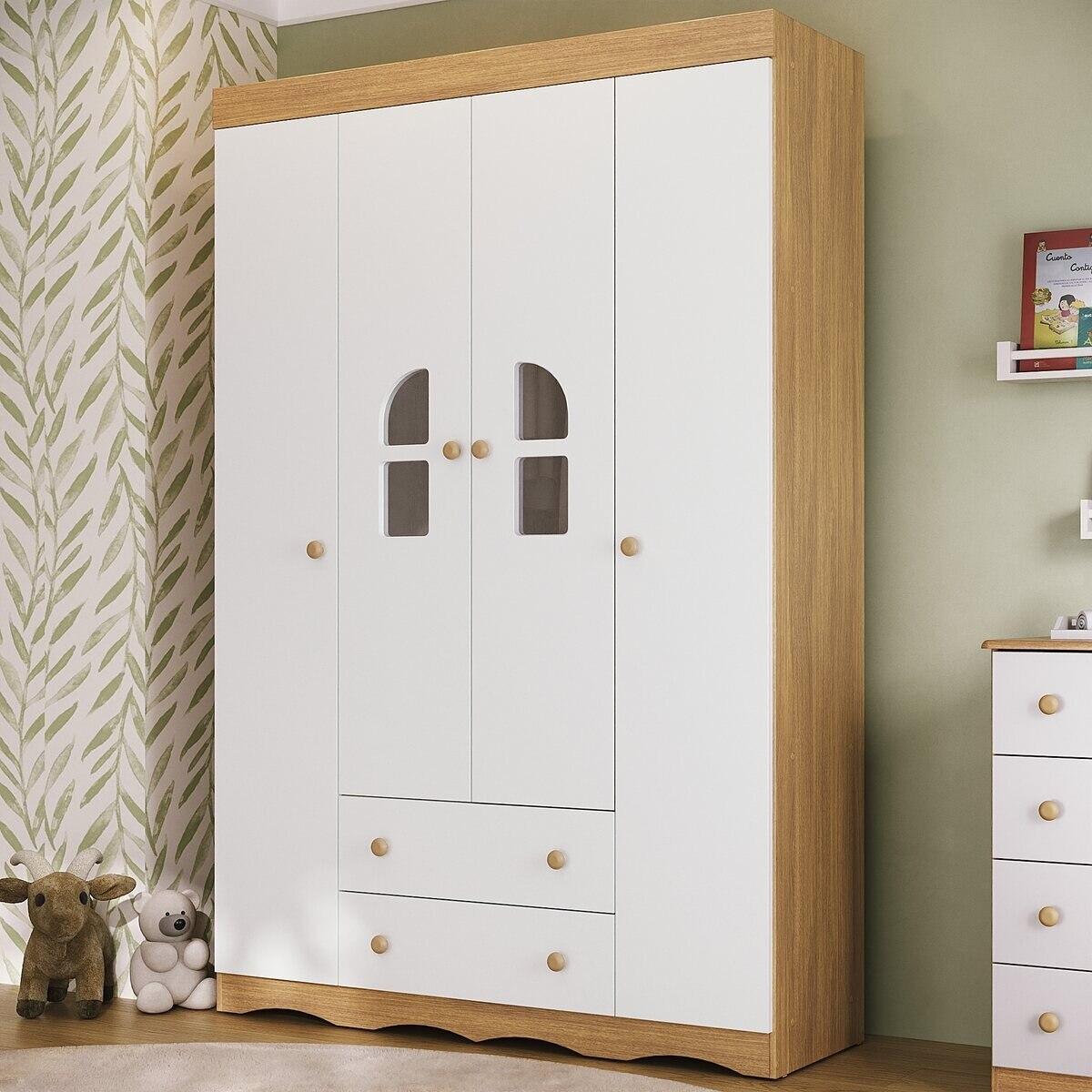 Guarda-Roupa Infantil 122cm Com Vidro 4 Portas E 2 Gavetas Liz Multimóveis Mp4514 Madeirado/Branco