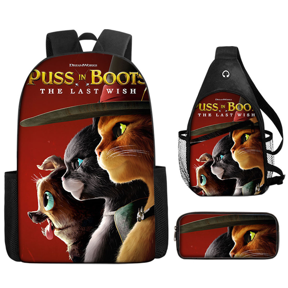 Conjunto De Mochilas Puss In Boots Anime, 3 Peças Para Mochila Escolar Infantil