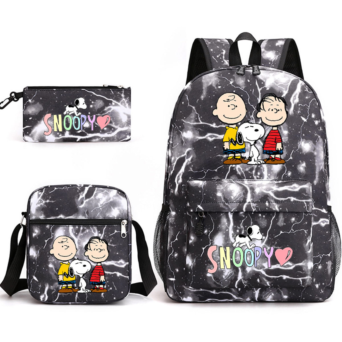 Conjunto De Mochilas Snoopy Cartoon Kids School Nylon 3 Unidades