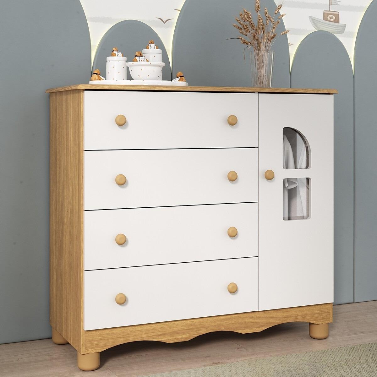 Cômoda Infantil 95cm 1 Porta Com Vidro E 4 Gavetas Aurora Multimóveis Mp4499 Madeirado/branco