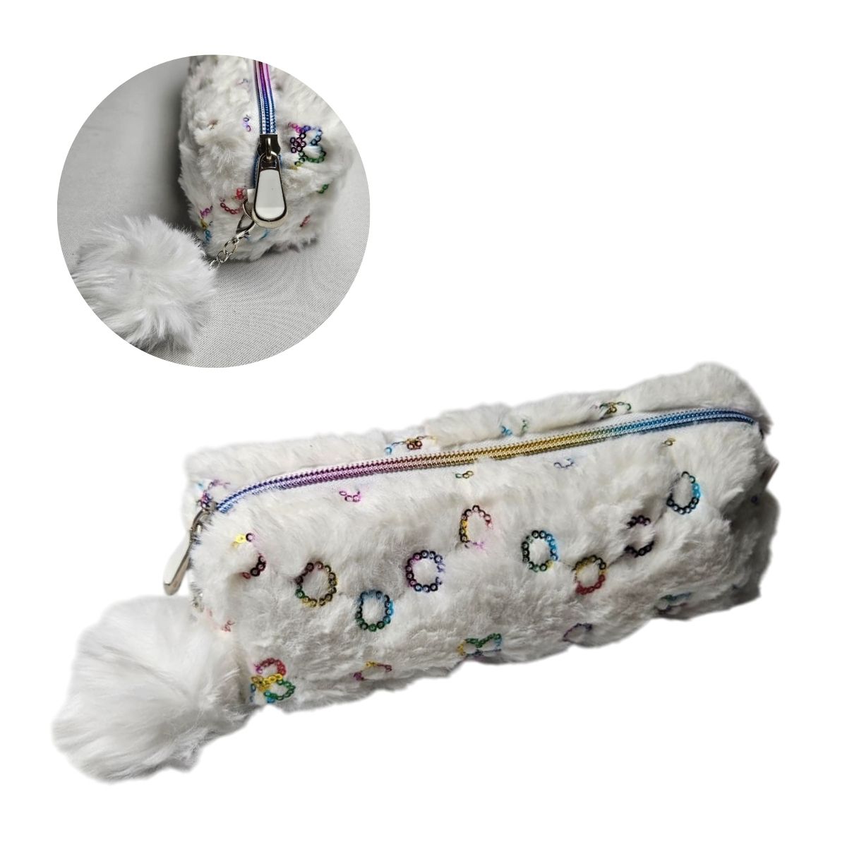 Estojo Escolar Pelúcia Multiuso Zíper Pompom Fofo Maquiagem Grande Lápis Caneta Material Aula