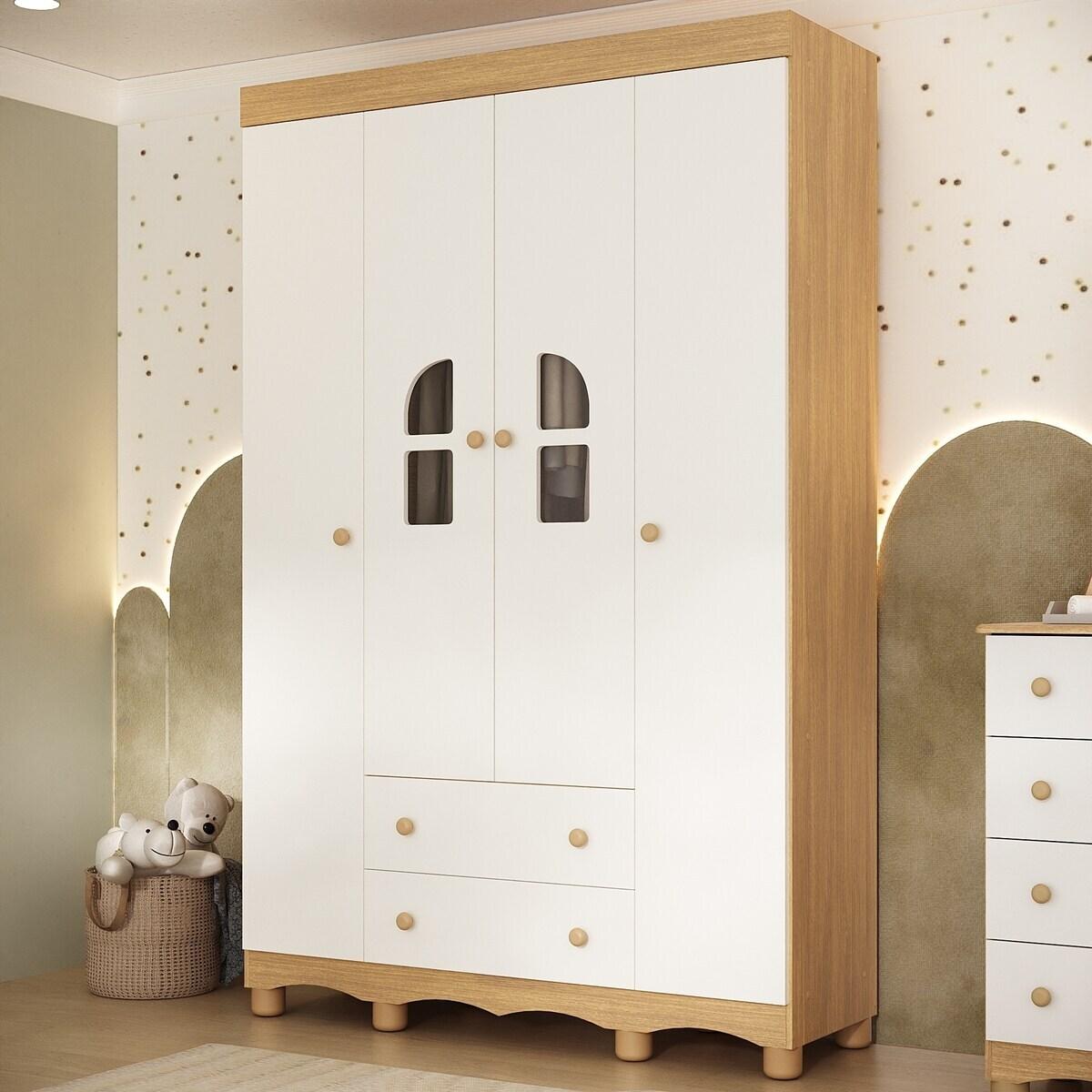 Guarda-Roupa Infantil 122cm Com Vidro 4 Portas E 2 Gavetas Aurora Multimóveis Mp4498 Madeirado/Branco