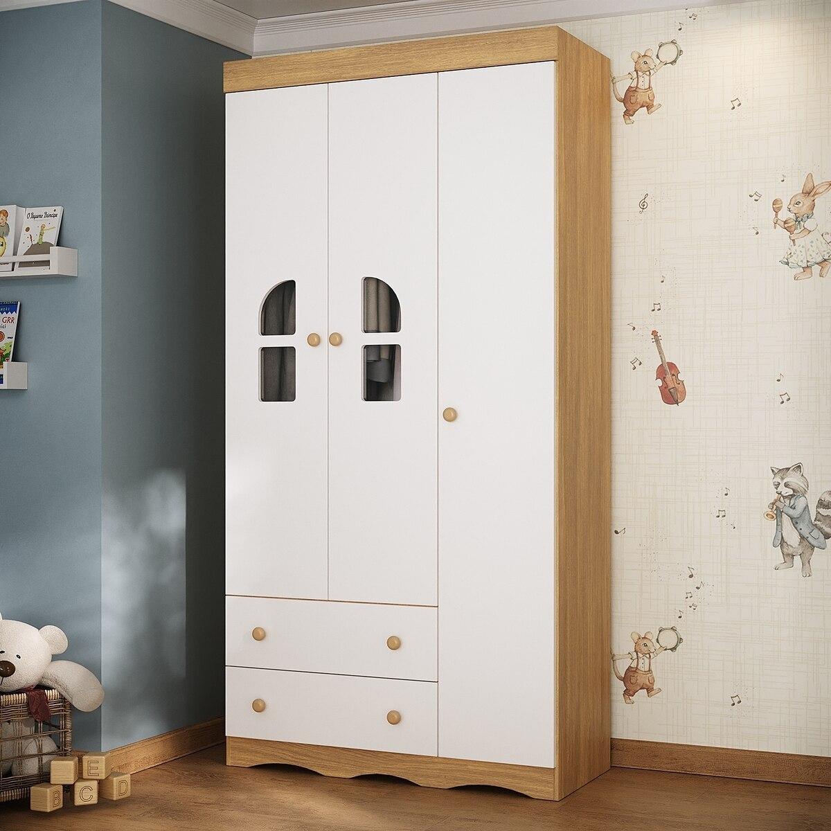 Guarda-Roupa Infantil 92cm Com Vidro 3 Portas E 2 Gavetas Liz Multimóveis Mp4513 Madeirado/branco