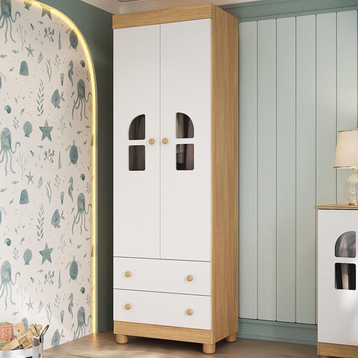 Guarda-Roupa Infantil 62cm 2 Portas Com Vidro E 2 Gavetas Nina Multimóveis Mp4502 Madeirado/Branco