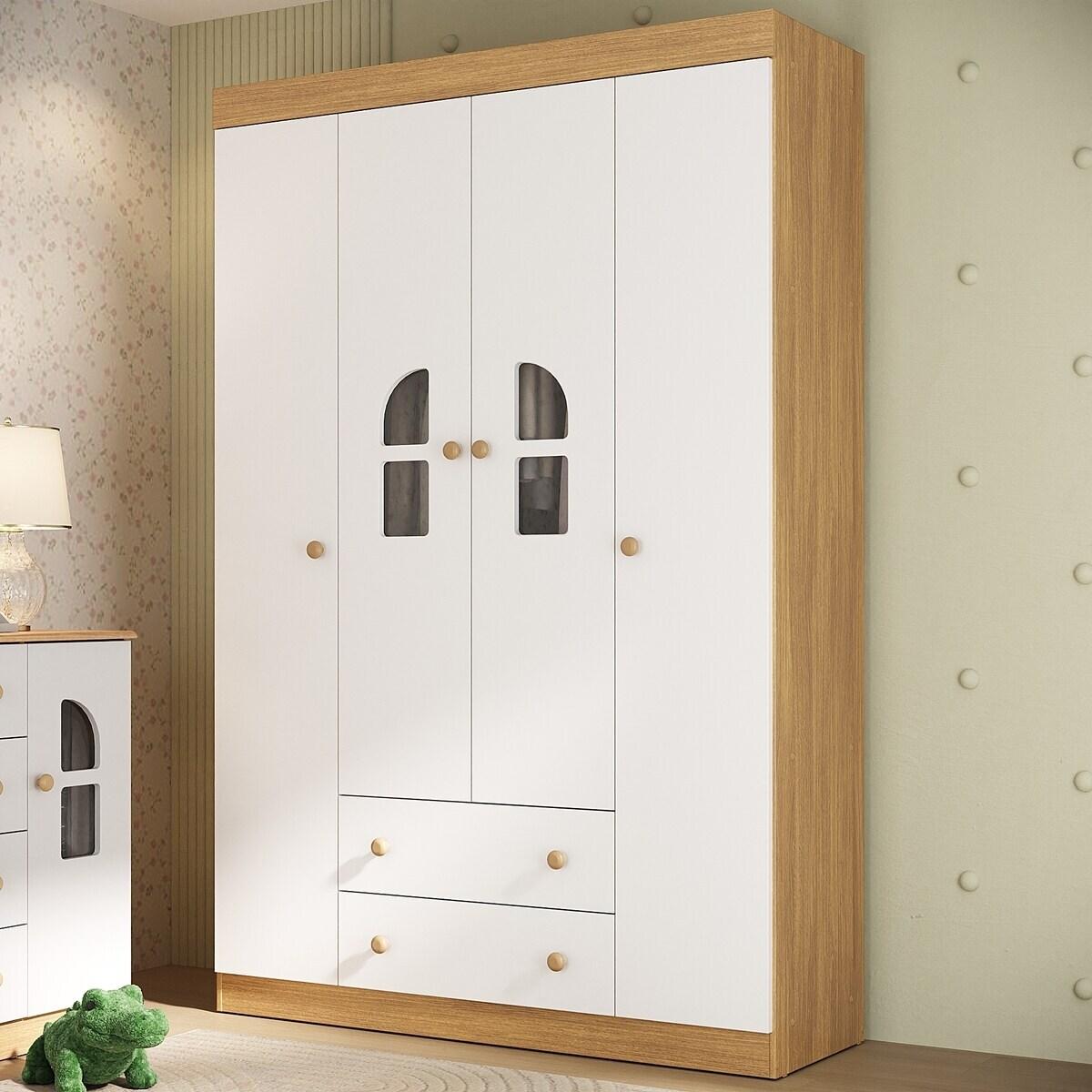Guarda-Roupa Infantil 122cm Com Vidro 4 Portas E 2 Gavetas Amora Multimóveis Mp4509 Madeirado/Branco
