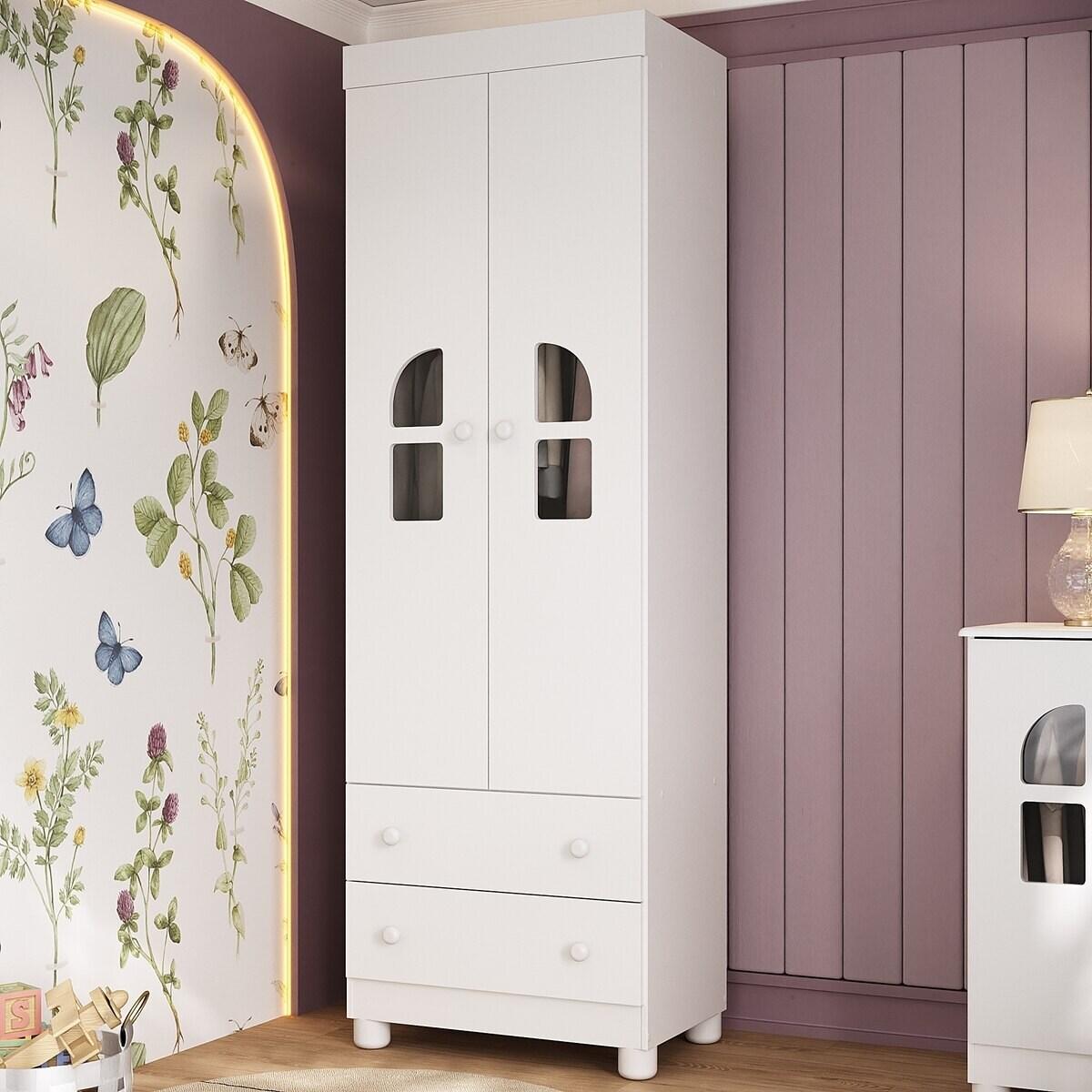 Guarda-Roupa Infantil 62cm 2 Portas Com Vidro E 2 Gavetas Nina Multimóveis Mp4502 Branco