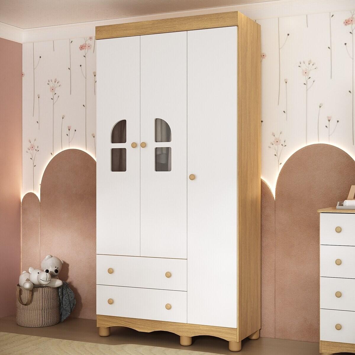 Guarda-Roupa Infantil 92cm Com Vidro 3 Portas E 2 Gavetas Aurora Multimóveis Mp4497 Madeirado/Branco