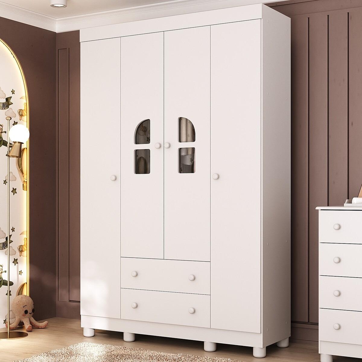 Guarda-Roupa Infantil 122cm Com Vidro 4 Portas E 2 Gavetas Nina Multimóveis Mp4504 Branco